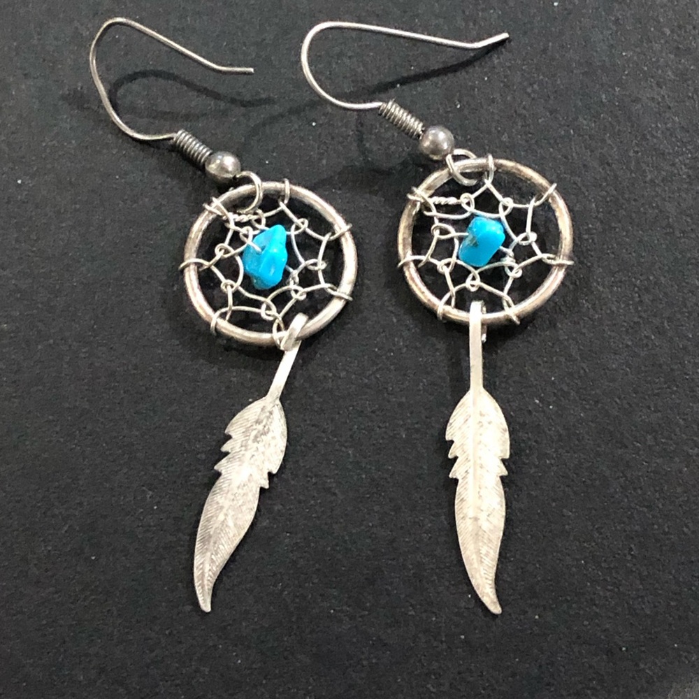 Vintage Silver Dream Catcher Dangle Earrings with Turquoise Chunk
